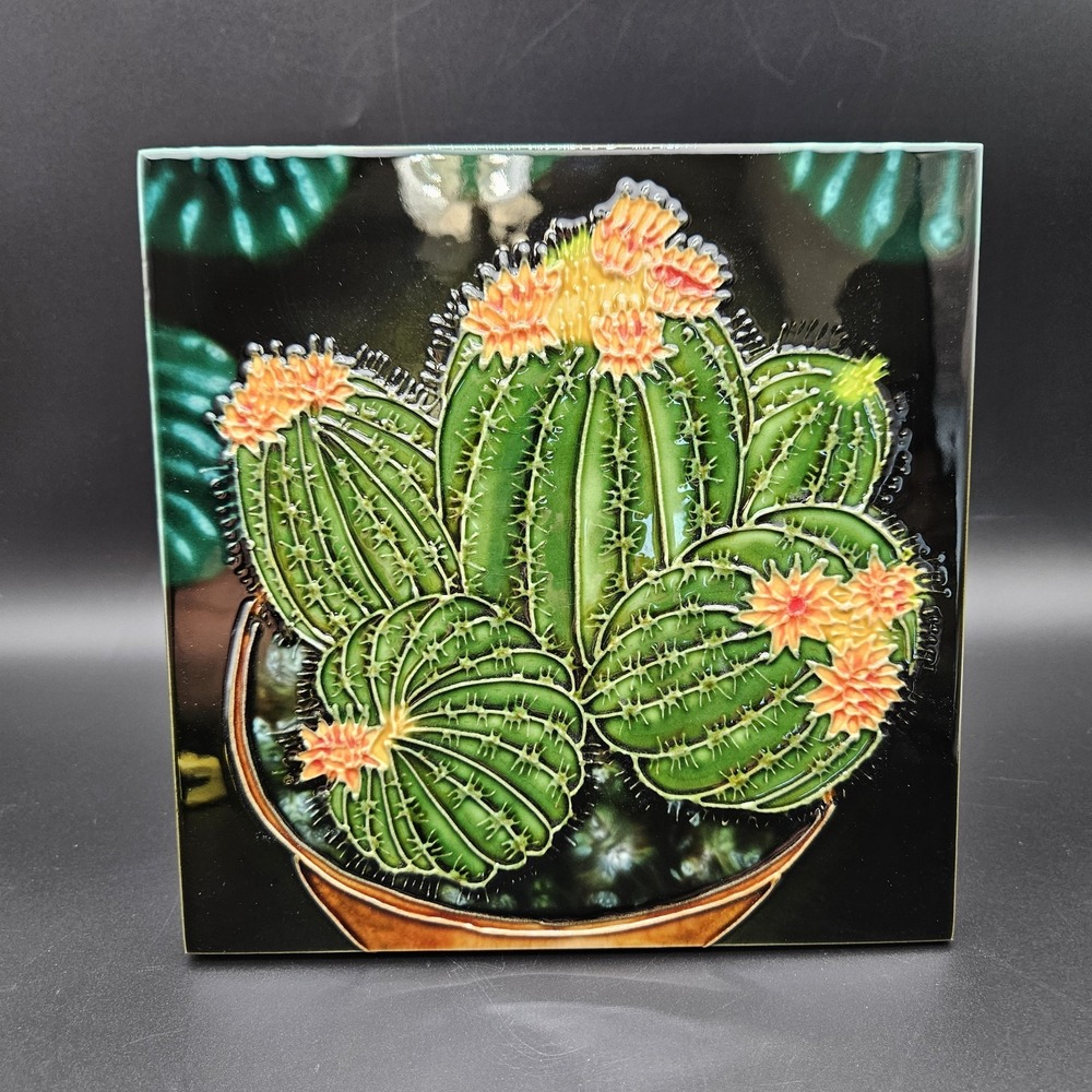 Desert Southwest Barrel Cactus Art Ceramic Tile Plaque Colorful Standing 7.75"